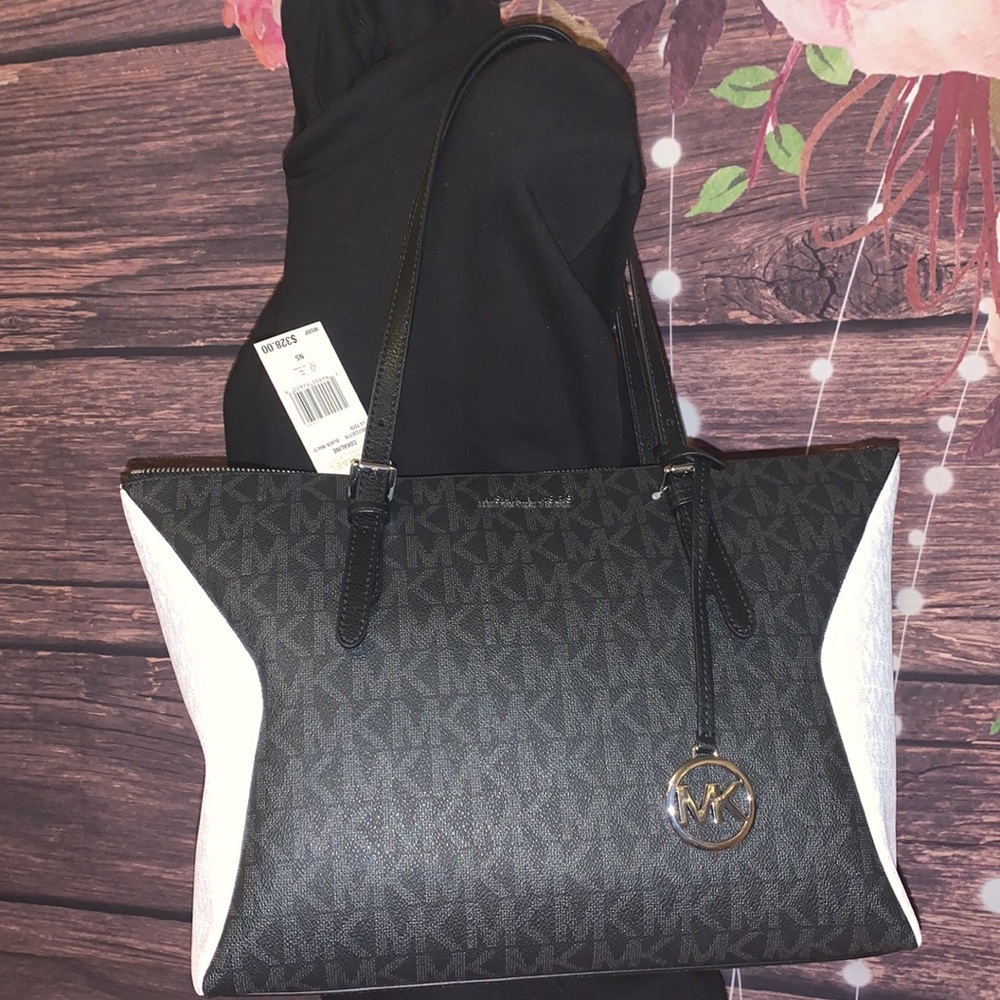 MICHAEL KORS CAROLINE BLACK WHITE SIGNATURE TOTE - Picture 2 of 8